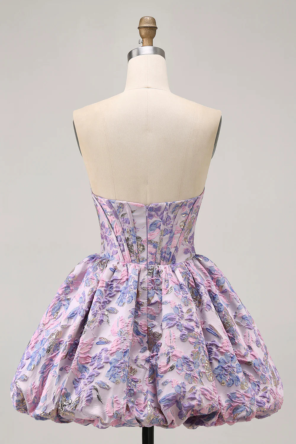 Elegant Purple Strapless Floral Brocade A Line Corset Zipper Back Short Homecoming Dress