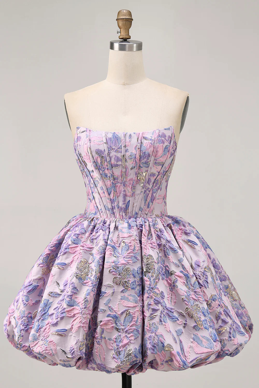 Elegant Purple Strapless Floral Brocade A Line Corset Zipper Back Short Homecoming Dress
