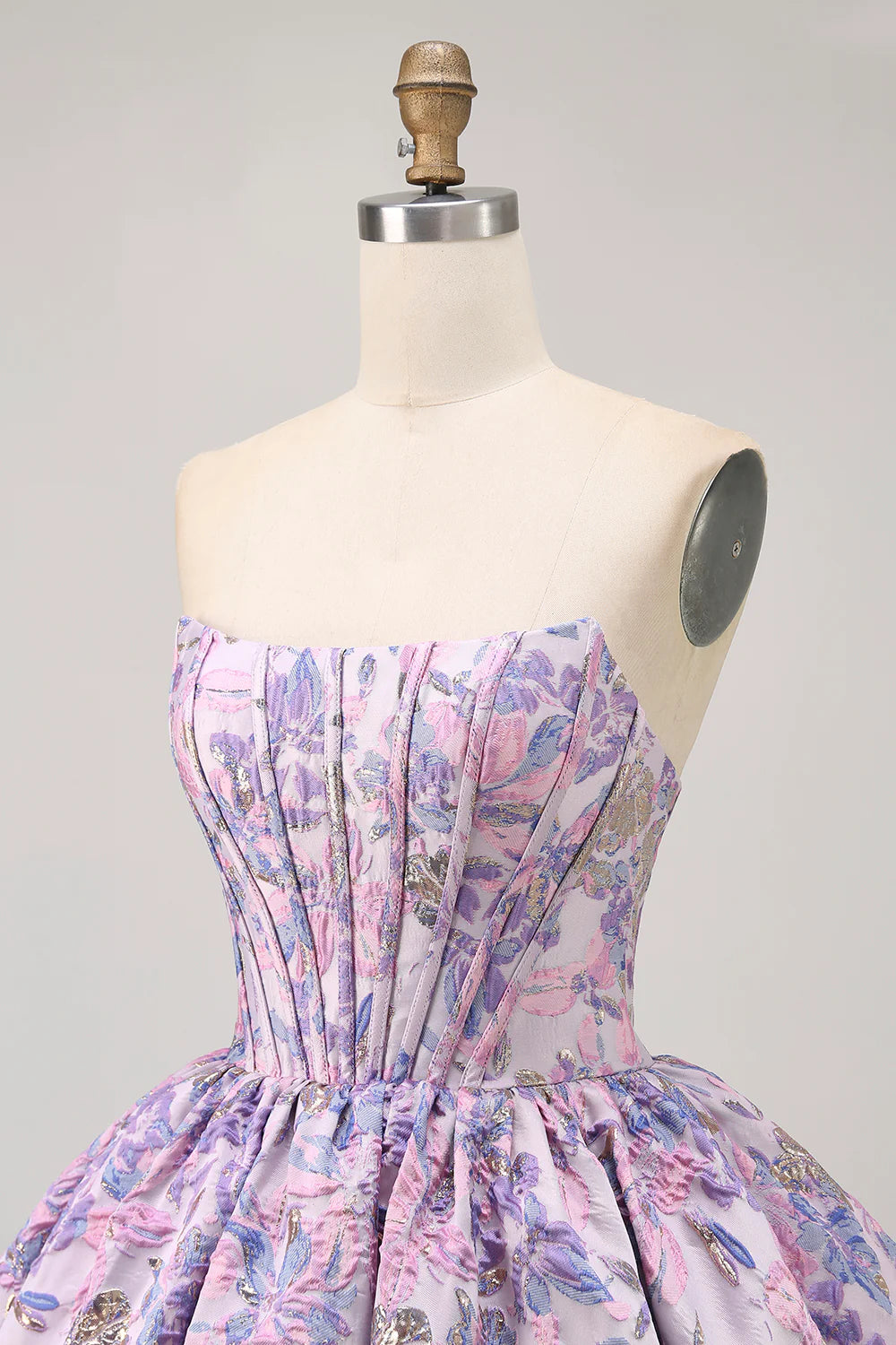 Elegant Purple Strapless Floral Brocade A Line Corset Zipper Back Short Homecoming Dress
