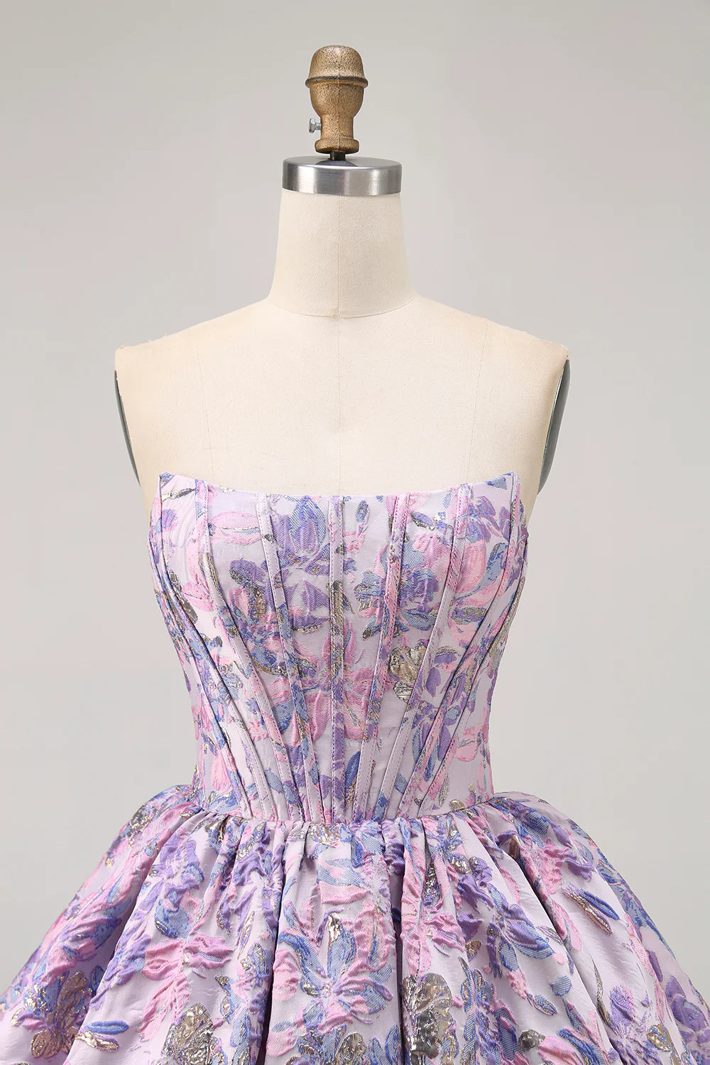 Elegant Purple Strapless Floral Brocade A Line Corset Zipper Back Short Homecoming Dress