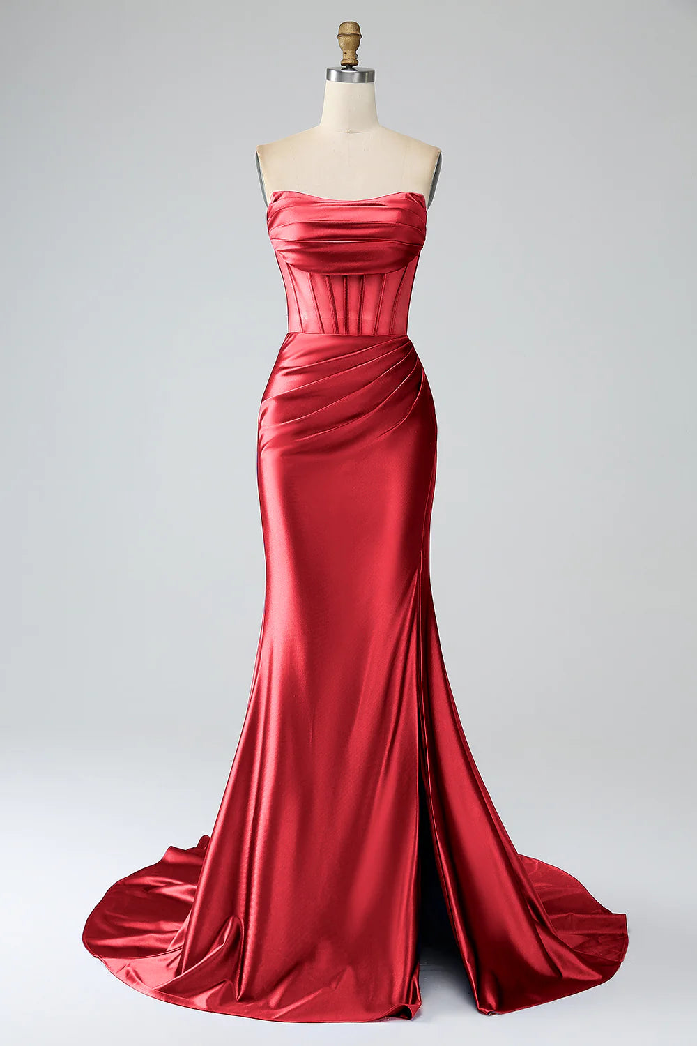 Elegant Red Mermaid Strapless Zipper Back Pleated Corset Slit Long Prom Dress With Train
