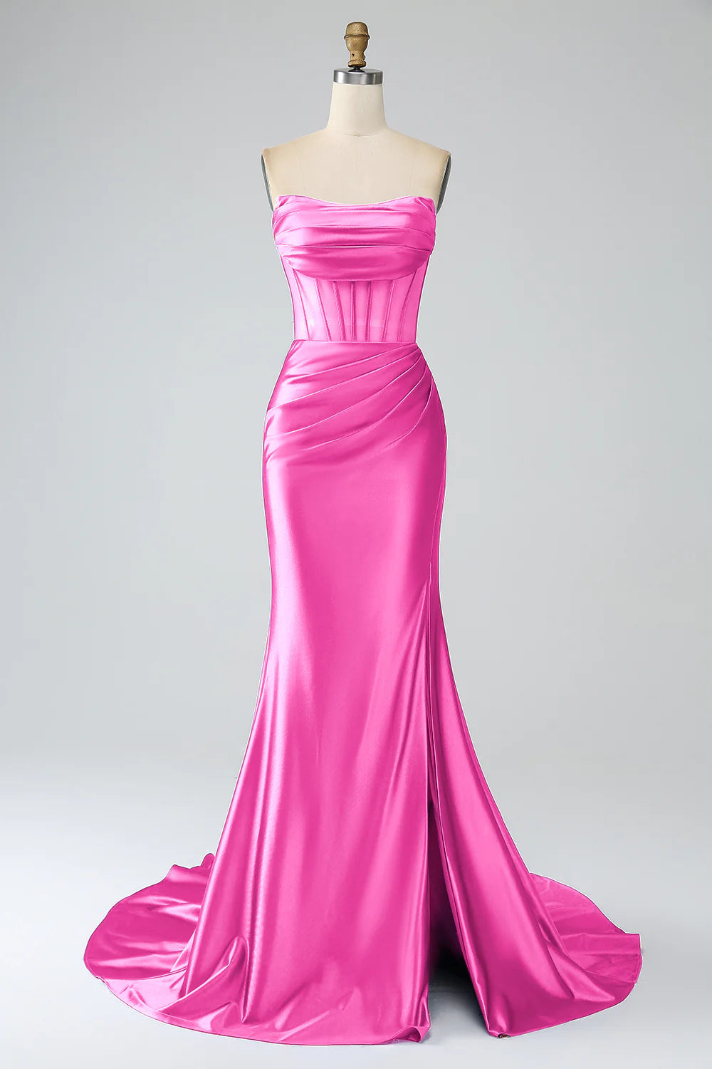 Elegant Red Mermaid Strapless Zipper Back Pleated Corset Slit Long Prom Dress With Train