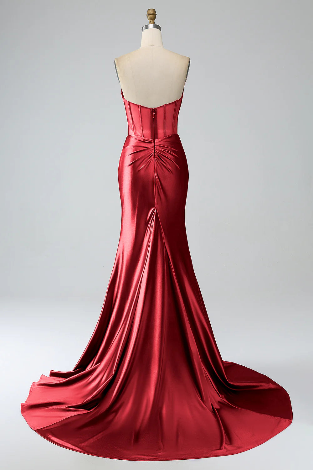 Elegant Red Mermaid Strapless Zipper Back Pleated Corset Slit Long Prom Dress With Train