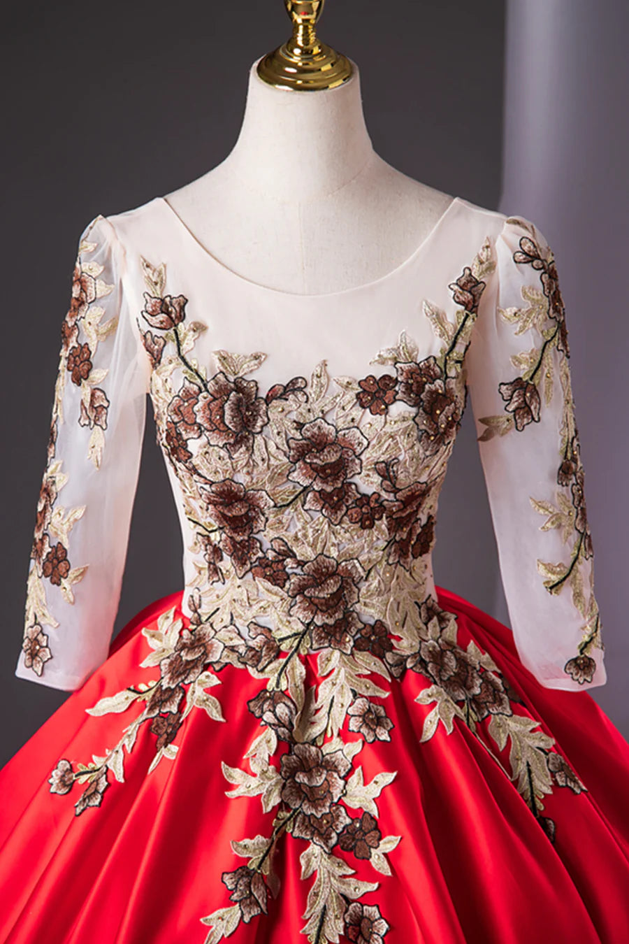 Elegant Red Satin Embroidered Lace Scoop Neckline Long Sleeve A-Line Formal Dress Party Dress