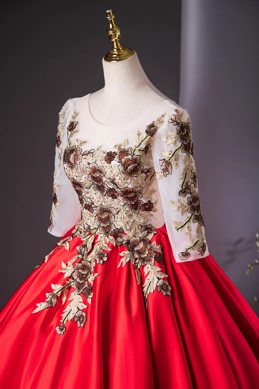 Elegant Red Satin Embroidered Lace Scoop Neckline Long Sleeve A-Line Formal Dress Party Dress