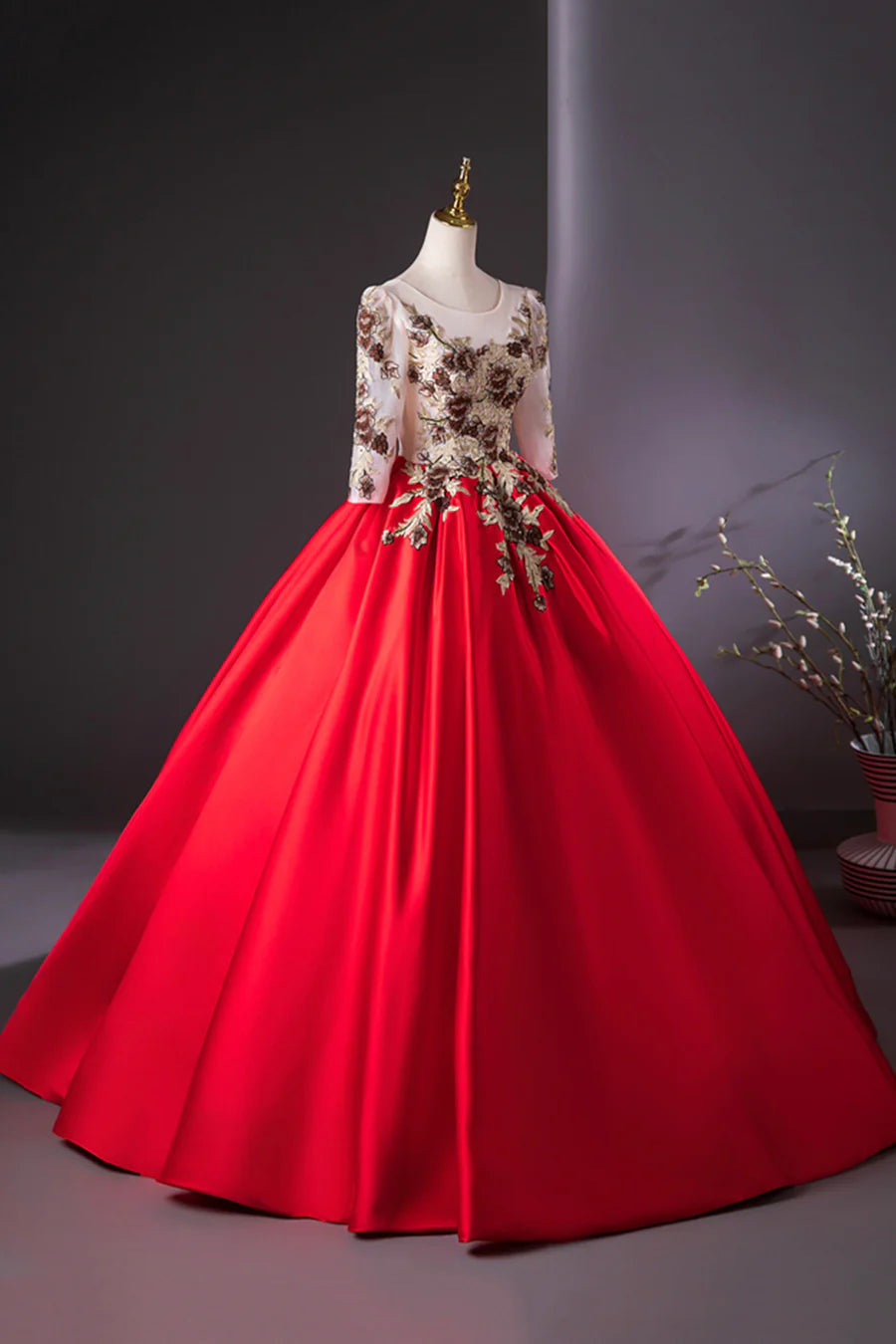 Elegant Red Satin Embroidered Lace Scoop Neckline Long Sleeve A-Line Formal Dress Party Dress