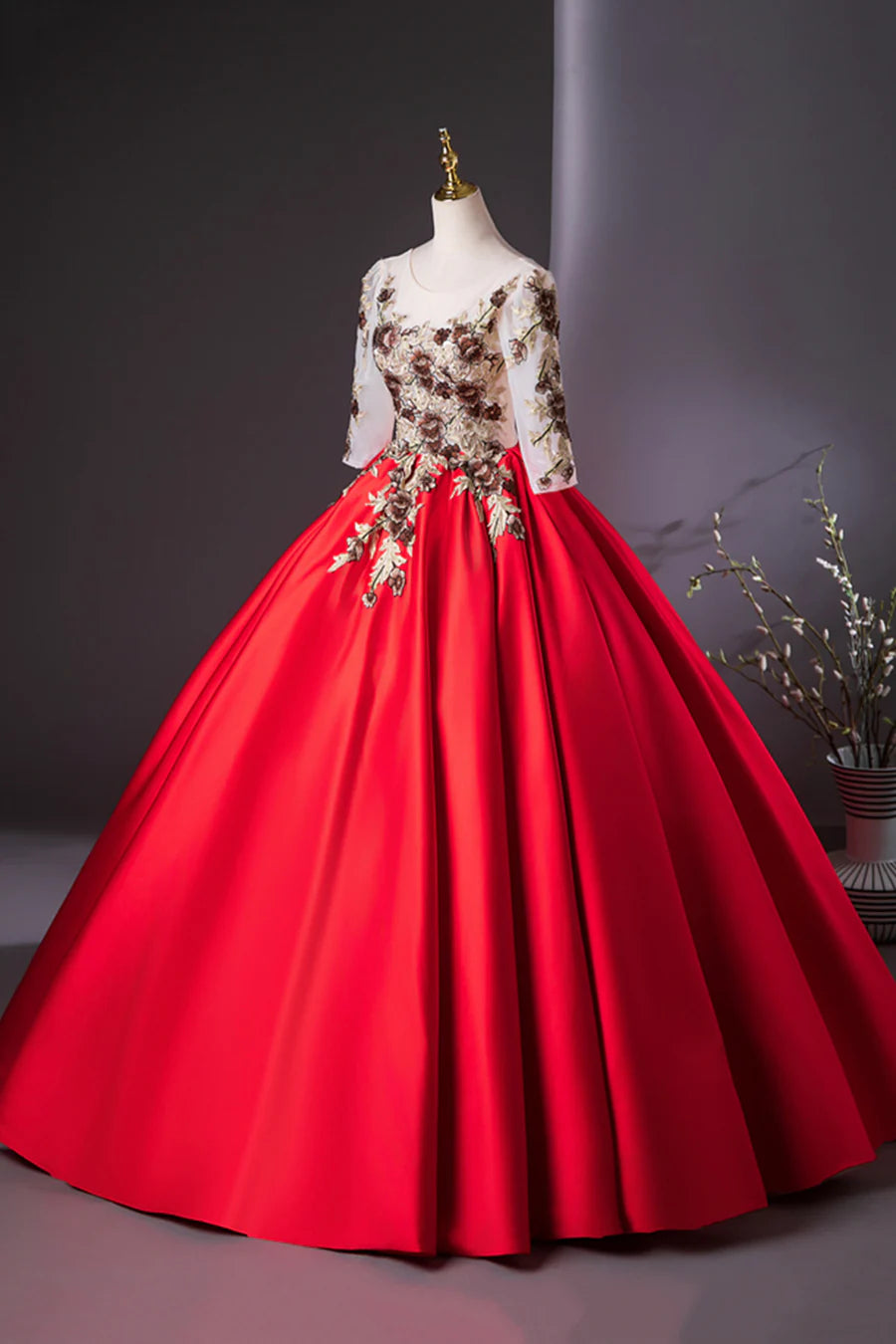 Elegant Red Satin Embroidered Lace Scoop Neckline Long Sleeve A-Line Formal Dress Party Dress