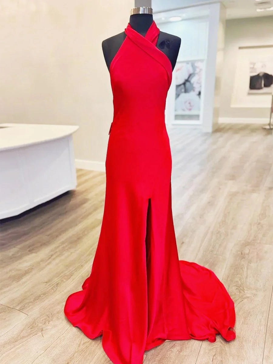 Elegant Red Satin Halter Mermaid Open Back Long Sweep Train Prom Dress With Slit