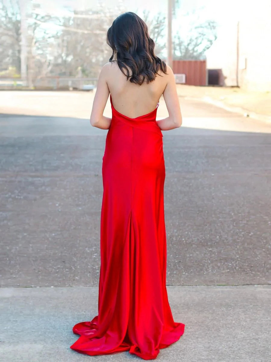 Elegant Red Satin Halter Mermaid Open Back Long Sweep Train Prom Dress With Slit