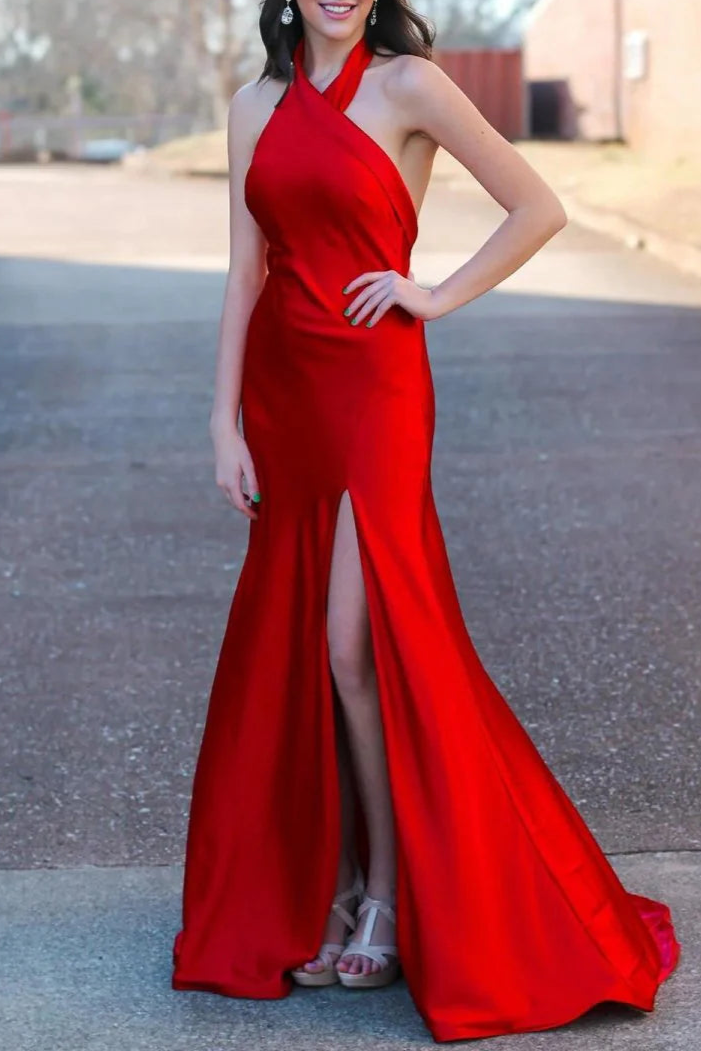 Elegant Red Satin Halter Mermaid Open Back Long Sweep Train Prom Dress With Slit