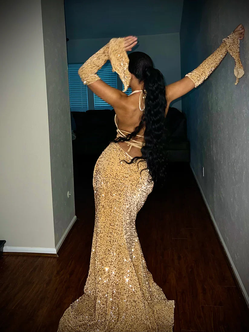 Elegant Red Sequin Halter Sheath V Neckline Long Prom Dresses Formal Evening Dress