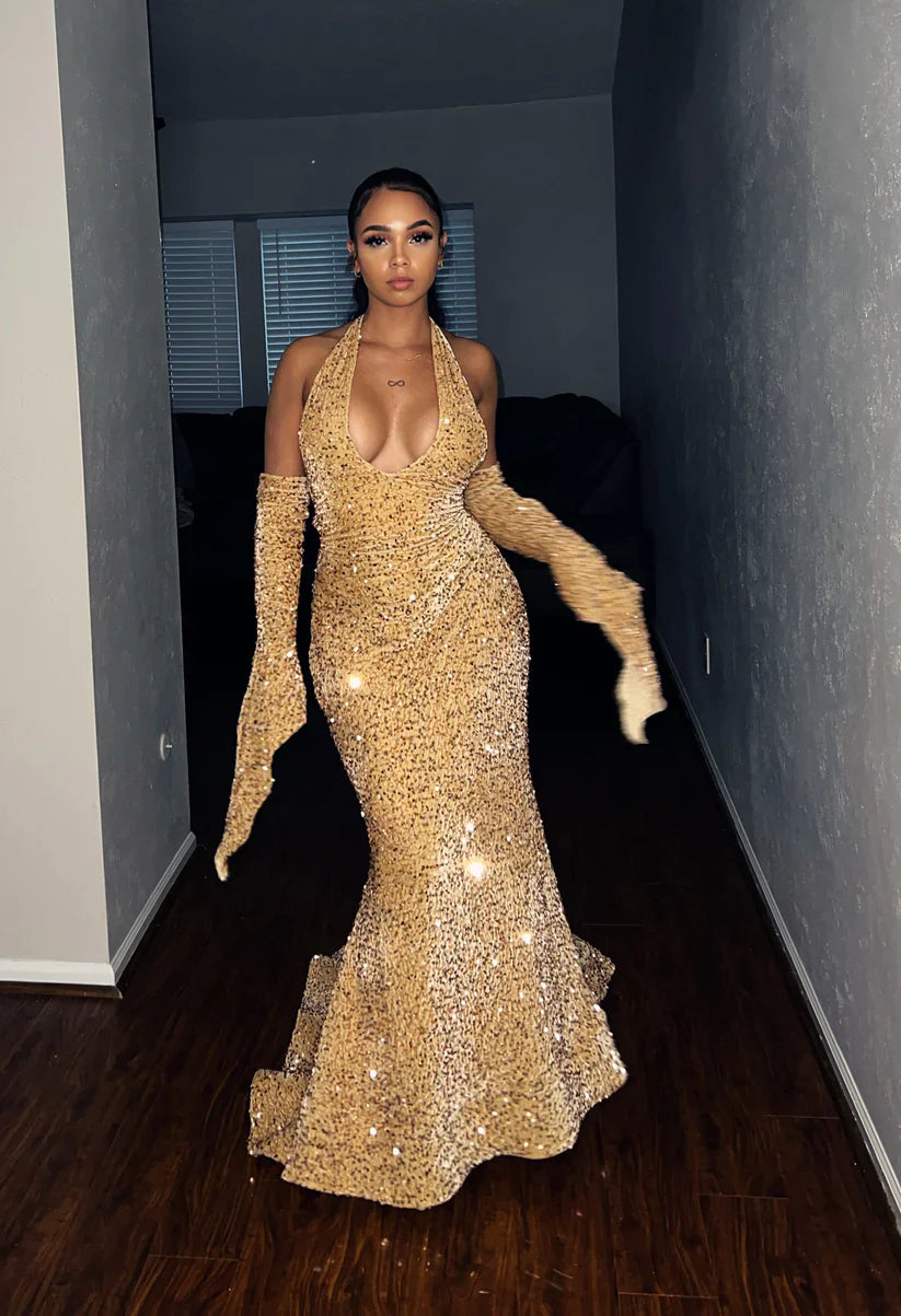 Elegant Red Sequin Halter Sheath V Neckline Long Prom Dresses Formal Evening Dress