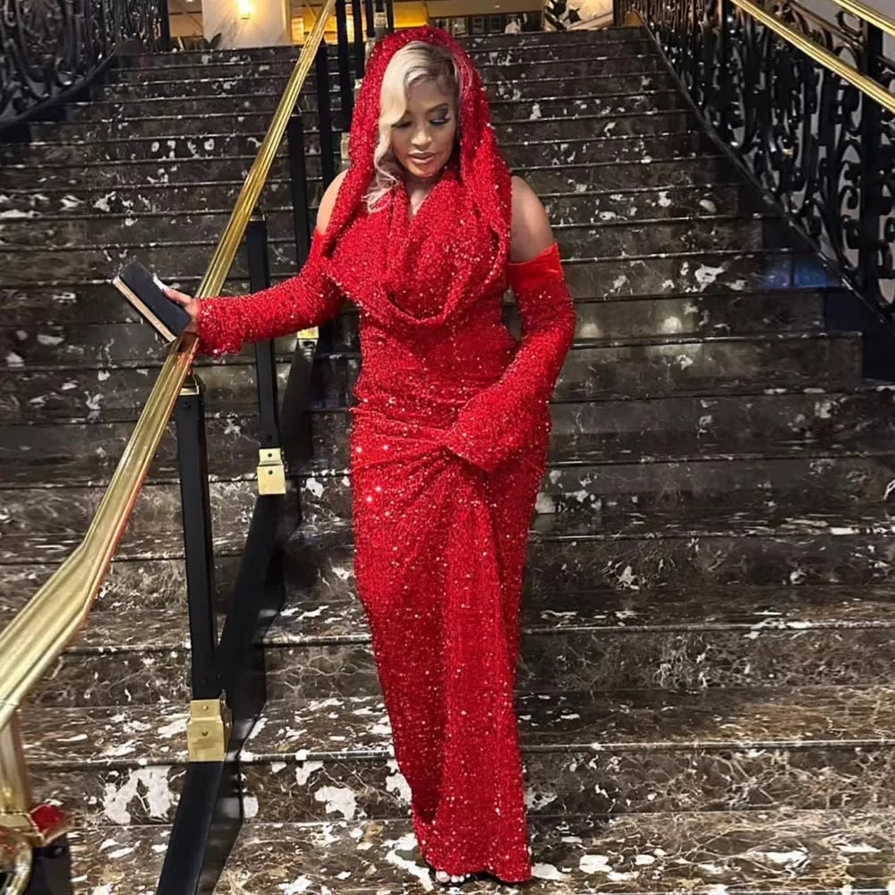 Elegant Red Sequin Halter Sheath V Neckline Long Prom Dresses Formal Evening Dress