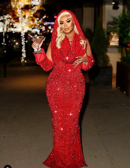 Elegant Red Sequin Halter Sheath V Neckline Long Prom Dresses Formal Evening Dress