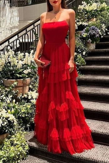 Elegant Red Tulle A line Strapless Long Prom Dresses Pretty Long Party Dresses For Ladies Birthday Outfits