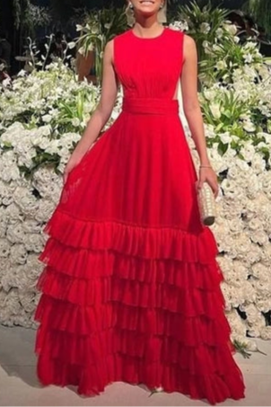 Elegant Red Tulle Scoop Neck Tiered A line Long Prom Dresses Discount Long Party Dress Birthday Outfits