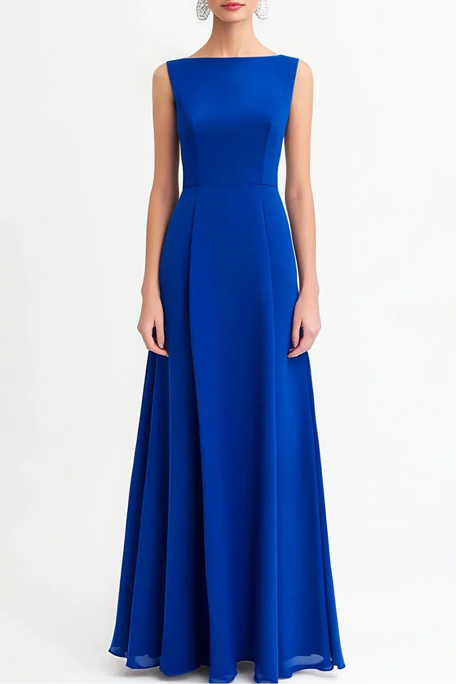 Elegant Royal Blue Boat Neck A Line Full Length Evening Dress Royal Blue Prom Dress