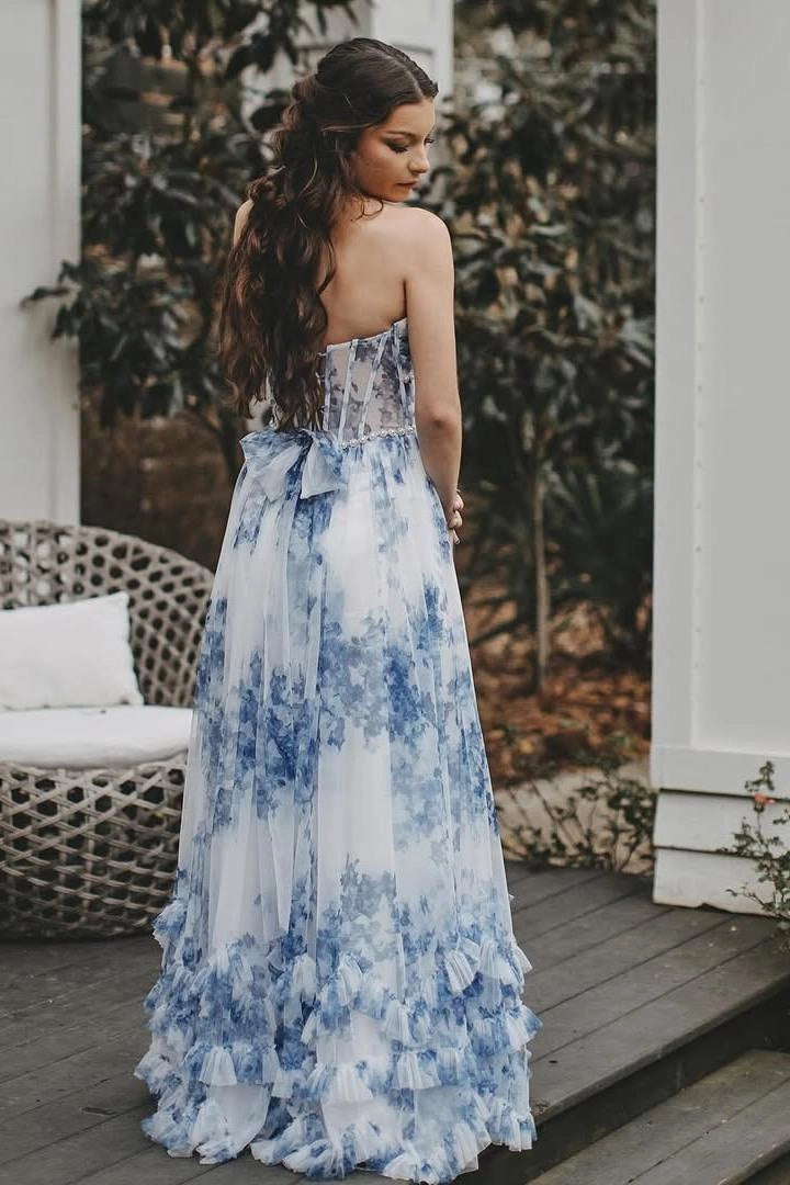 Elegant Ruffle Strap A-Line Printed V-Neck Pearl Slit Ball Gown