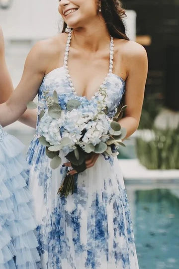 Elegant Ruffle Strap A-Line Printed V-Neck Pearl Slit Ball Gown