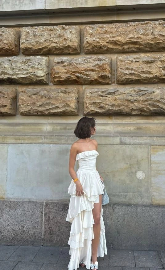 Elegant Satin Tiered Strapless A-Line Long Prom Dresses Formal Evening Dress With Split