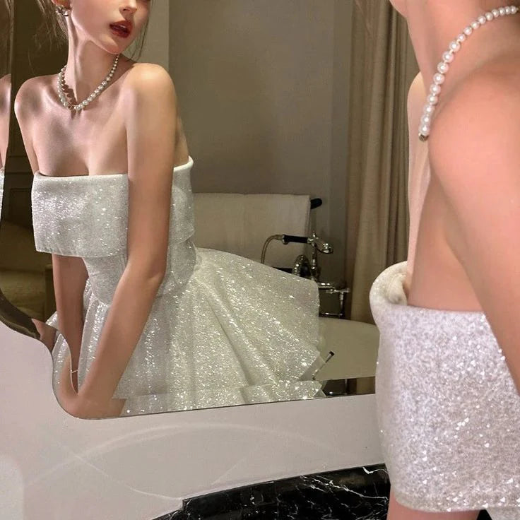 Elegant Sequin Tulle A Line Short Homecoming Dress Strapless Sparkly Birthday Evening Dress