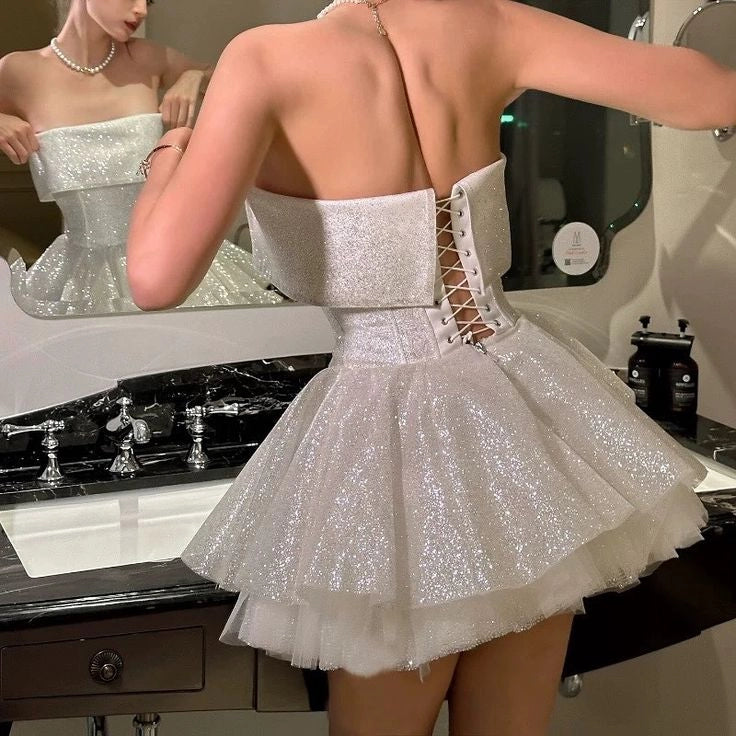 Elegant Sequin Tulle A Line Short Homecoming Dress Strapless Sparkly Birthday Evening Dress