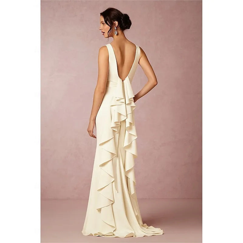 Elegant Sheath Bateau-Neck Sleeveless Ruffled Ivory Floor-Length Prom Dress For Women Ready To Ship
