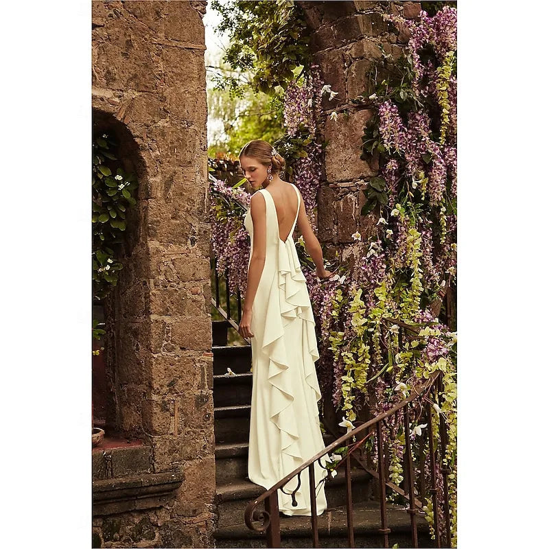 Elegant Sheath Bateau-Neck Sleeveless Ruffled Ivory Floor-Length Prom Dress For Women Ready To Ship