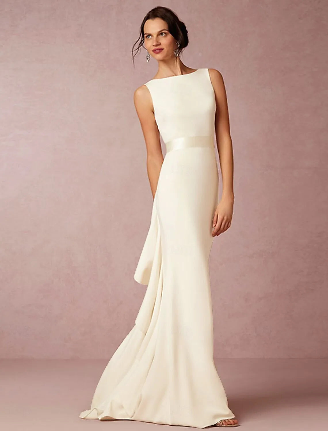 Elegant Sheath Bateau-Neck Sleeveless Ruffled Ivory Floor-Length Prom Dress For Women Ready To Ship