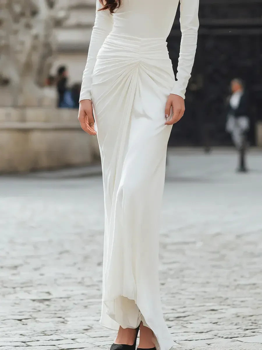 Elegant Sheath Crew Neck Long Sleeve Ruched White Floor-Length Evening Dresses