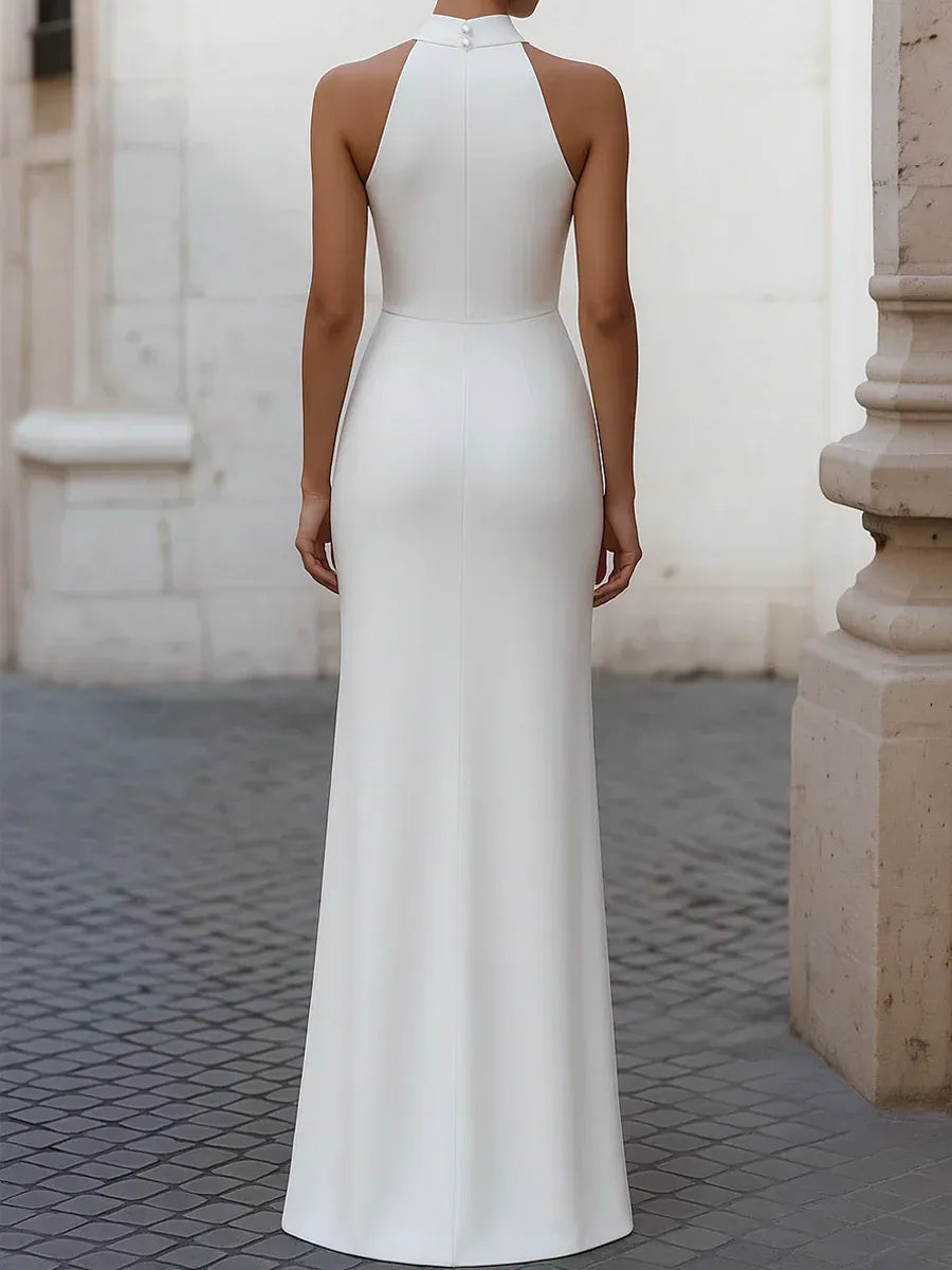Elegant Sheath Halter Neck Sleeveless Pleated White Floor-Length Evening Dresses
