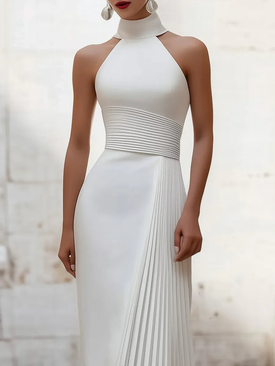 Elegant Sheath Halter Neck Sleeveless Pleated White Floor-Length Evening Dresses