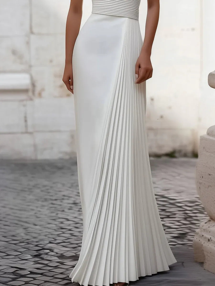 Elegant Sheath Halter Neck Sleeveless Pleated White Floor-Length Evening Dresses