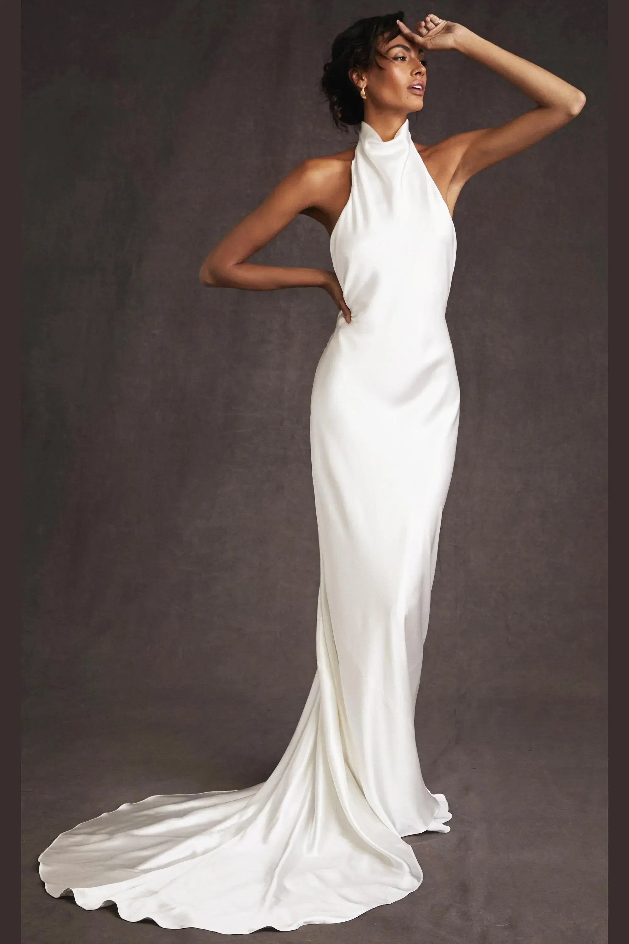 Elegant Sheath Halter Open-Back Draped Satin White Floor-Length Wedding Dress