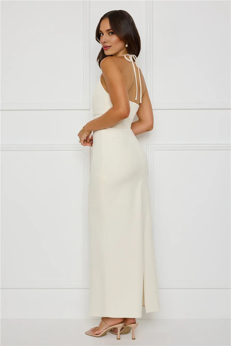 Elegant Sheath Halter Sleeveless Tie Open Back Cream Maxi Prom Dress With Belt