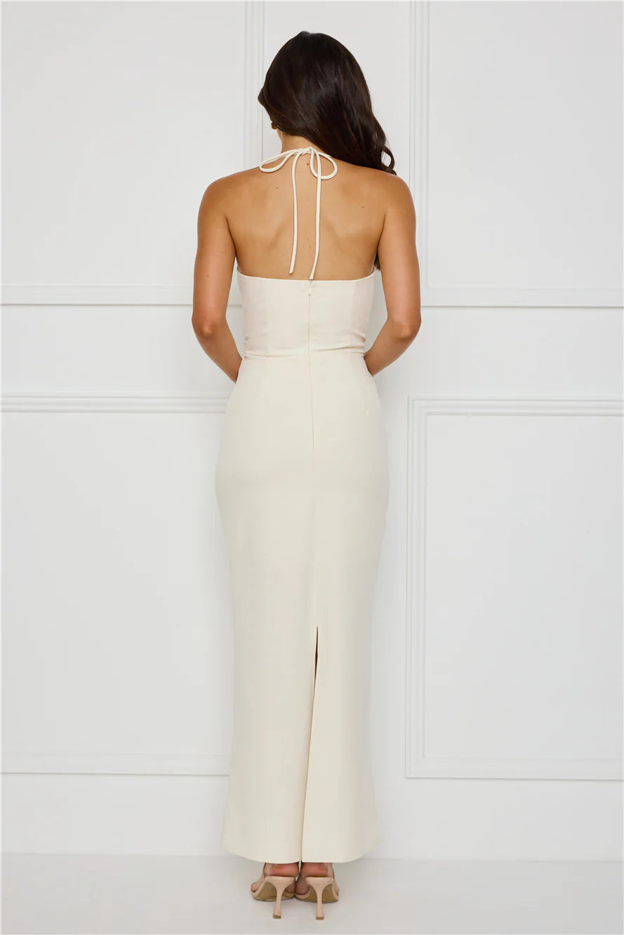 Elegant Sheath Halter Sleeveless Tie Open Back Cream Maxi Prom Dress With Belt