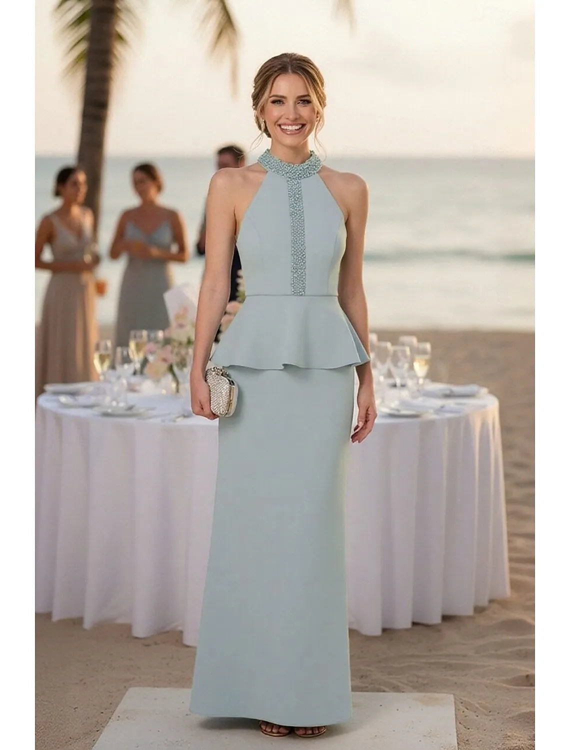 Elegant Sheath High Neck Ruffle Beaded Sky Blue Floor Length Evening Dress