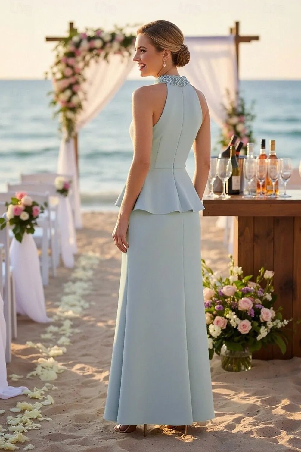 Elegant Sheath High Neck Ruffle Beaded Sky Blue Floor Length Evening Dress