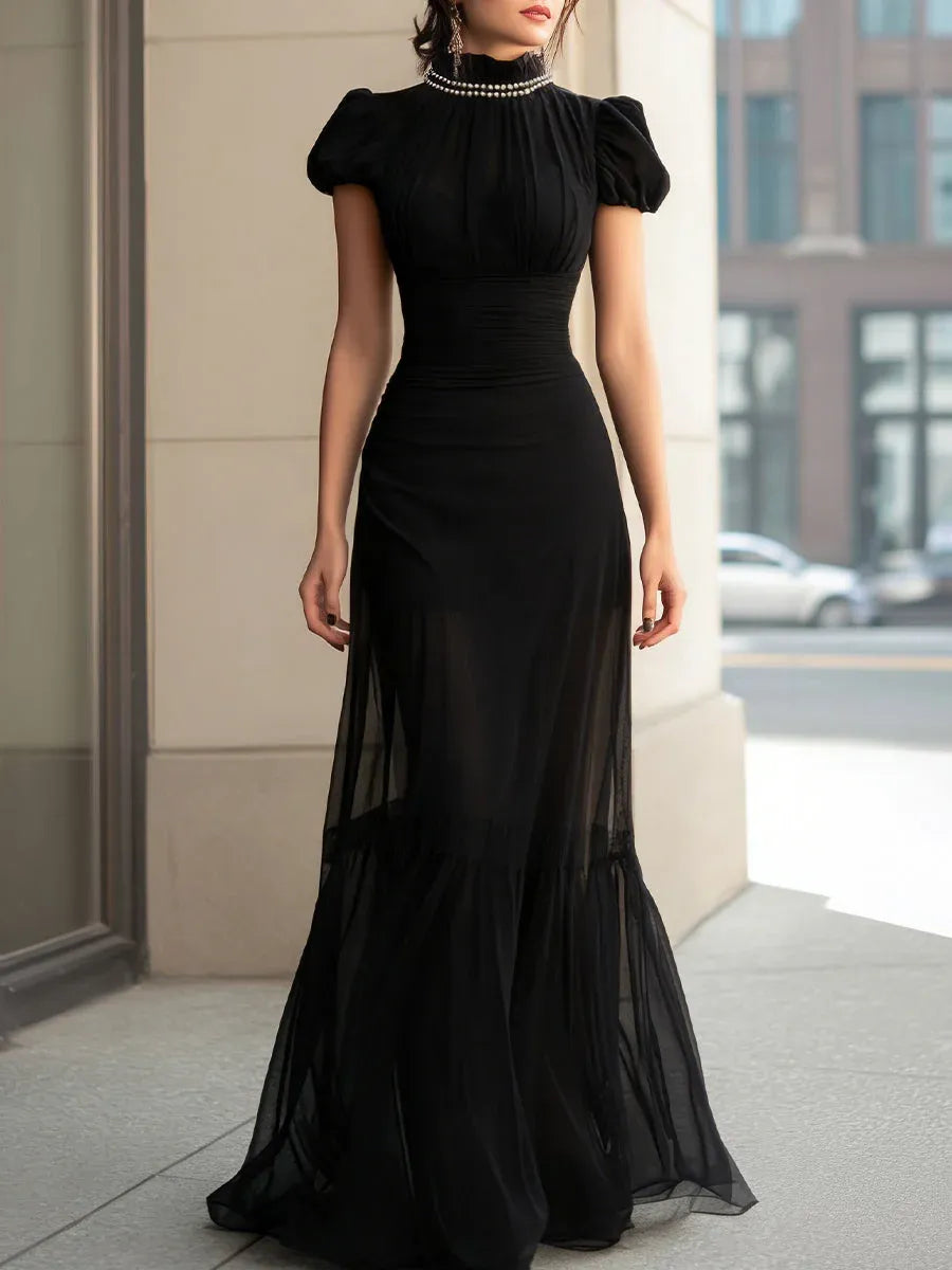 Elegant Sheath High Neck Puffed Sleeve Pleated Black Floor-Length Prom Dresses