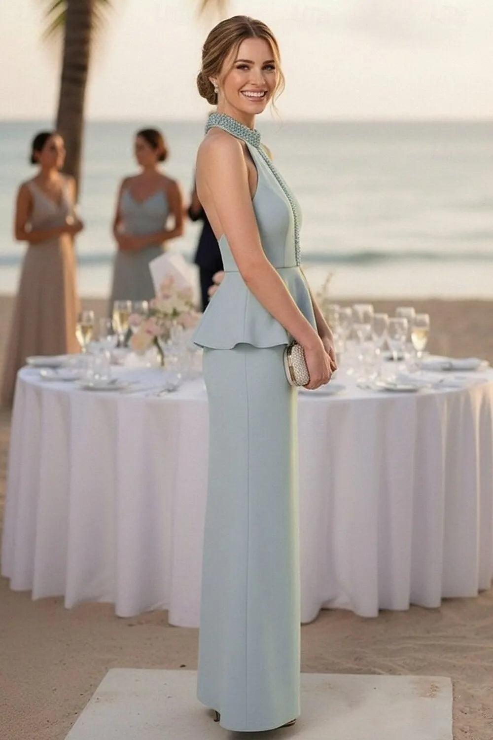 Elegant Sheath High Neck Ruffle Beaded Sky Blue Floor Length Evening Dress