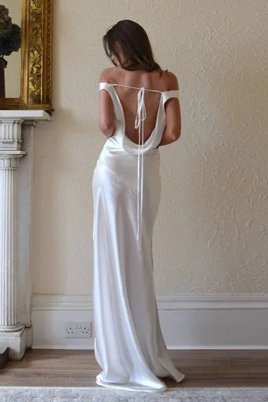 Elegant Sheath Off-Shoulder Cowl Backless Satin White Maxi Prom Dress With Tie
