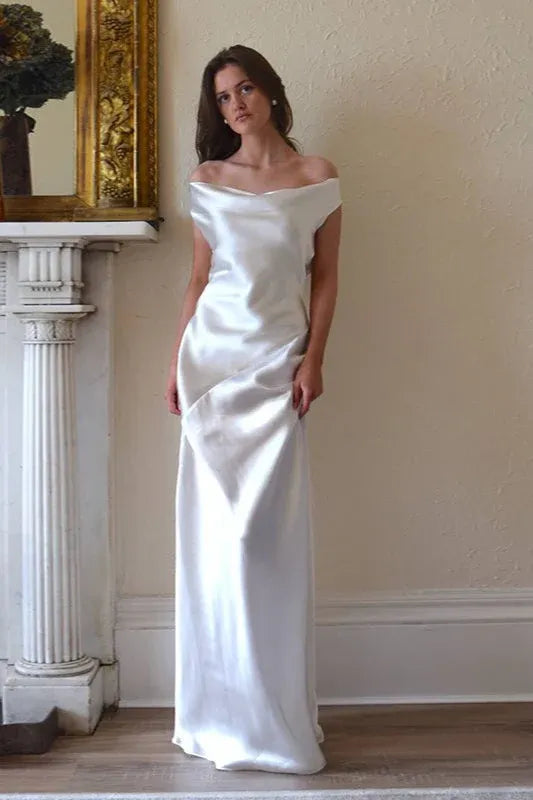 Elegant Sheath Off-Shoulder Cowl Backless Satin White Maxi Prom Dress With Tie