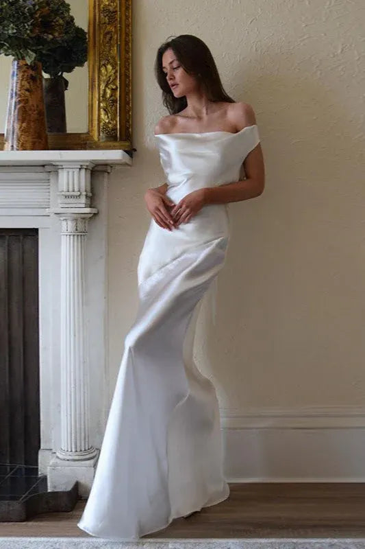 Elegant Sheath Off-Shoulder Cowl Backless Satin White Maxi Prom Dress With Tie