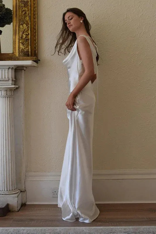 Elegant Sheath Off-Shoulder Cowl Backless Satin White Maxi Prom Dress With Tie