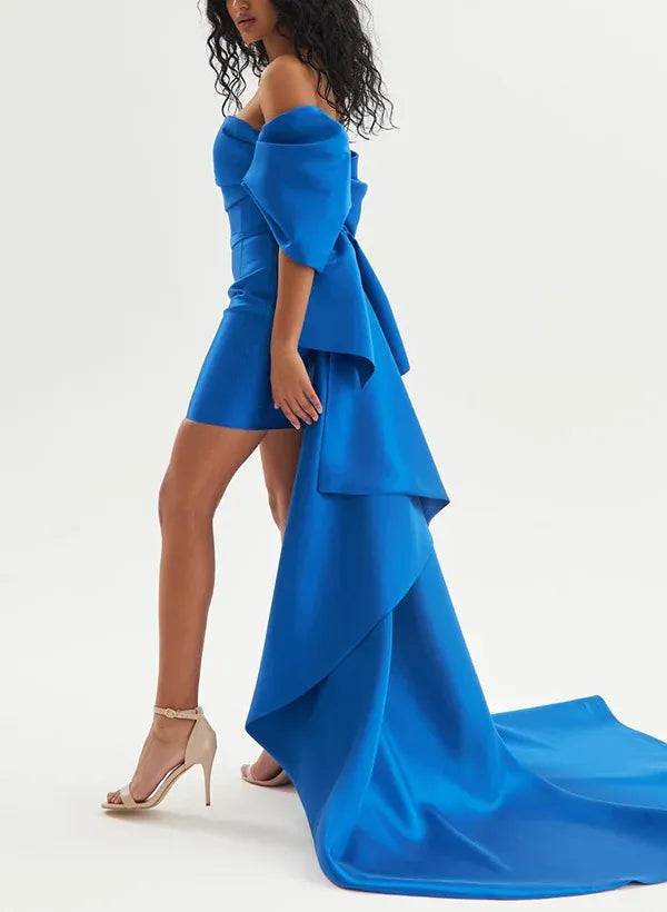 Elegant Sheath Off-Shoulder Satin Royal Blue Mini Homecoming Dress With Detachable Train