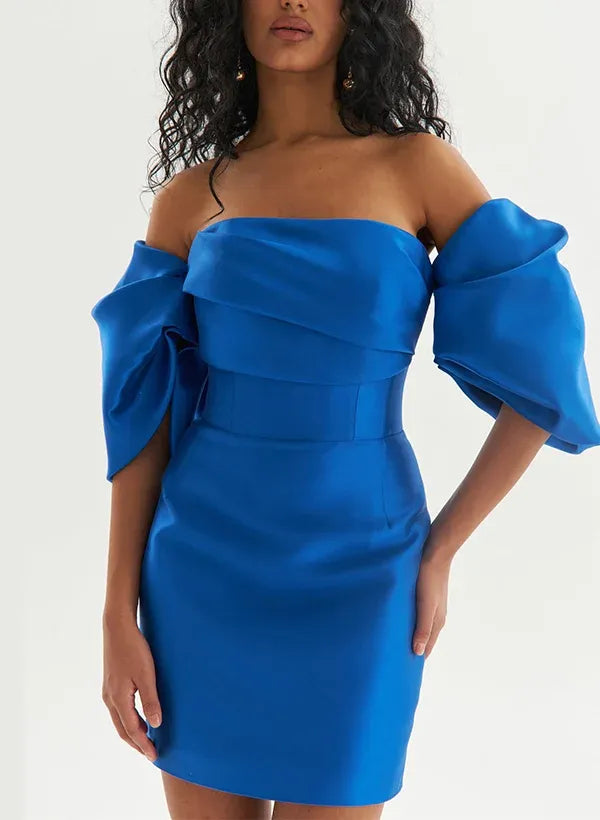 Elegant Sheath Off-Shoulder Satin Royal Blue Mini Homecoming Dress With Detachable Train