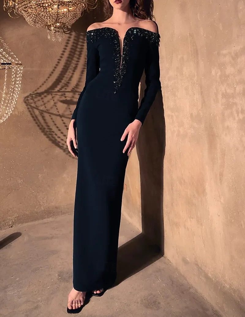 Elegant Sheath Off Shoulder Long Sleeve Beaded Navy Blue Evening Dress For Women