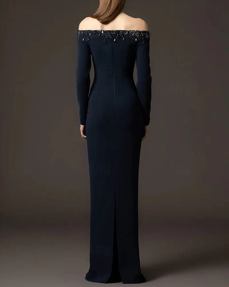 Elegant Sheath Off Shoulder Long Sleeve Beaded Navy Blue Evening Dress For Women