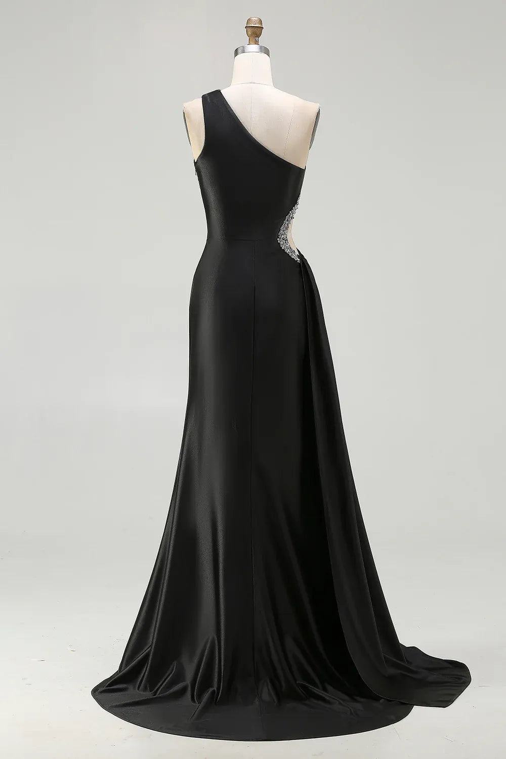 Elegant Sheath One-Shoulder Cutout Beaded Black Maxi Evening Dress For Sale