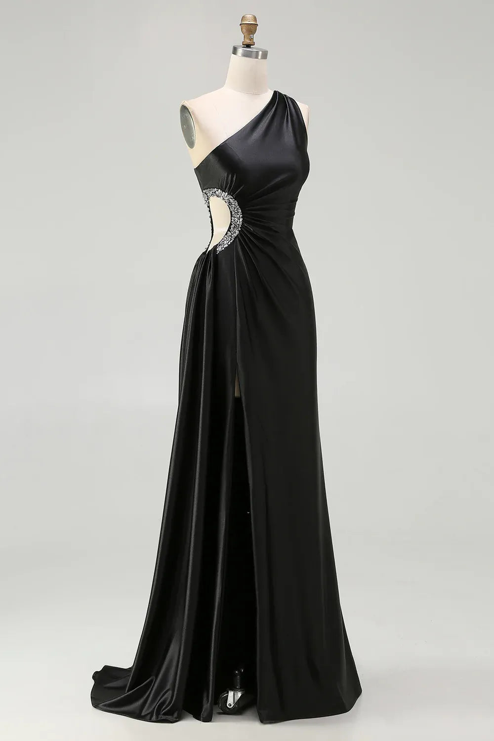 Elegant Sheath One-Shoulder Cutout Beaded Black Maxi Evening Dress For Sale